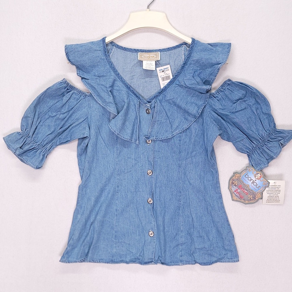 Vintage 90s Bonjour Denim Cold Shoulder Ruffle Top‎ Blue Cotton Made in USA M